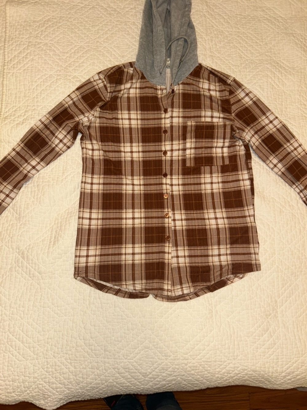 Women's Brown Plaid Hooded Button-Down Shirt - Picture 2 of 6